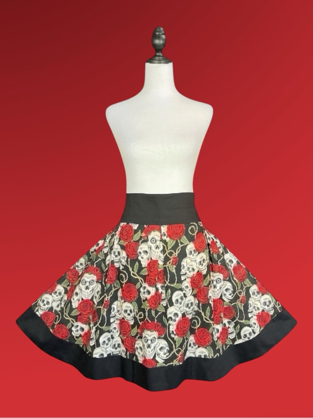 HEMET Skirt Black Red Skull Rose 100% Cotton Retro Goth Rockabilly Pin-Up XL